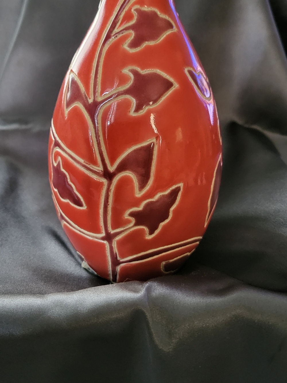 Red Ceramic Vase with Leaf Motif - Unbranded, Vietnam, Vintage